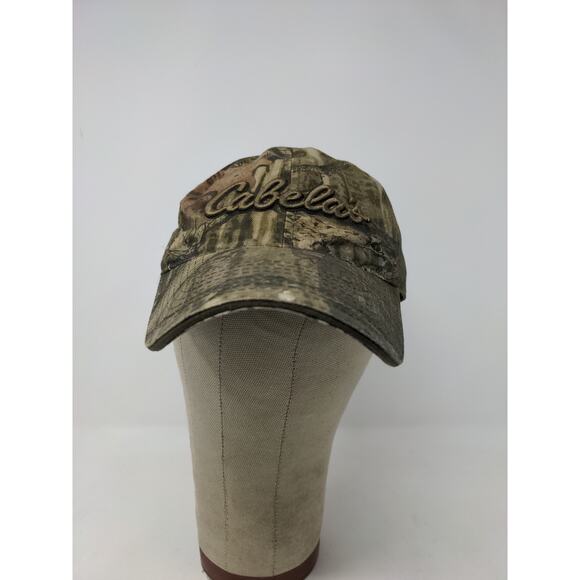Cabelas Camo Slideback Hat OSFM Thick Embroidered Logo Cap Green Brown - Picture 2 of 11